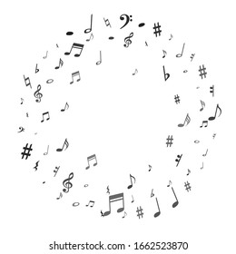 Black flying musical notes isolated on white background. Grayscale musical notation symphony signs, notes for sound and tune music. Vector symbols for melody recording, prints and back layers.