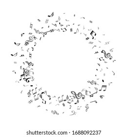 Black flying musical notes isolated on white background. Fresh musical notation symphony signs, notes for sound and tune music. Vector symbols for melody recording, prints and back layers.