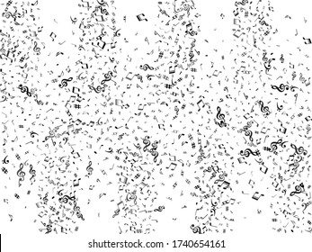 Schwarze fliegende musikalische Noten isoliert auf weißem Hintergrund. Frische Notensymphoniezeichen, Noten für Klang und Melodien. Vector-Symbole für Melodiebensaufnahmen, Drucke und Hinterschichten.