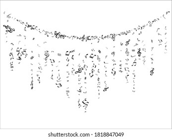Black flying musical notes isolated on white backdrop. Stylish musical notation symphony signs, notes for sound and tune music. Vector symbols for melody recording, prints and back layers.