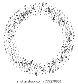 Black flying musical notes isolated on white backdrop. Fresh musical notation symphony signs, notes for sound and tune music. Vector symbols for melody recording, prints and back layers.