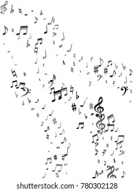 Black flying musical notes isolated on white backdrop. Fresh musical notation symphony signs, notes for sound and tune music. Vector symbols for melody recording, prints and back layers.