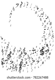 Black flying musical notes isolated on white background. Fresh musical notation symphony signs, notes for sound and tune music. Vector symbols for melody recording, prints and back layers.