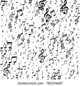 Black flying musical notes isolated on white background. Stylish musical notation symphony signs, notes for sound and tune music. Vector symbols for melody recording, prints and back layers.