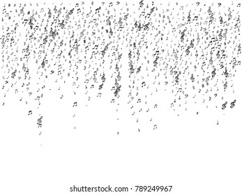 Black flying musical notes isolated on white background. Fresh musical notation symphony signs, notes for sound and tune music. Vector symbols for melody recording, prints and back layers.