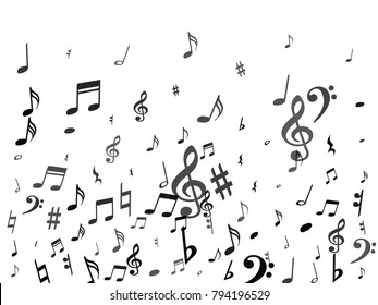 Black flying musical notes isolated on white background. Grayscale musical notation symphony signs, notes for sound and tune music. Vector symbols for melody recording, prints and back layers.