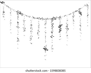 Black flying musical notes necklace on white background. Grayscale musical notation symphony signs, notes for sound and tune music. Vector symbols for melody recording, prints and back layers.
