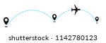 Black flying plane and mark of geolocation on white background. Splash screen for mobile application. Tourist service and transfer. Holidays and vacations. On-line tracking. Vector illustration.