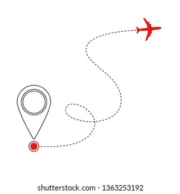 Black flying plane and mark of geolocation on white background. Splash screen for mobile application. Tourist service and transfer. Booking and sale of air tickets. On-line tracking. Vector.