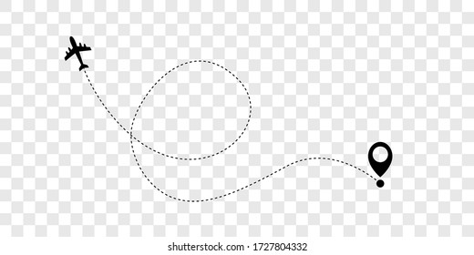 Black flying plane and mark of geolocation on white background. Splash screen for mobile application