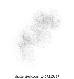 Black flying smoke isolated on white background. Scattered detailed particles. Falling dust in motion.