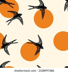 Black Flying swallows. Soft Seamless vector pattern 
