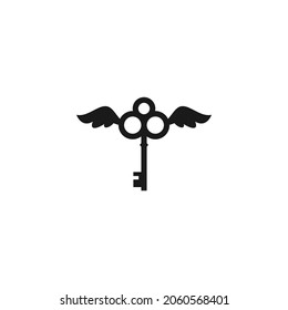 black flying vintage key with wings icon. Vector illustration isolated on white. Mystery, clue and magic symbol. Unlock, hint, tint and secret concept. Catch luck or help