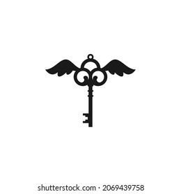 black flying vintage key with wings icon. Vector illustration isolated on white. Mystery, clue and magic symbol. Unlock, hint, tint and secret concept. Catch luck or help