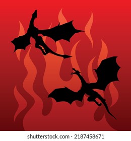 Black flying wyverns on the fire background as symbol of the house Targaryen. Poster of the black dragons on the backdrop of red fire for the series House of the Dragon - prequel Game of Thrones. 