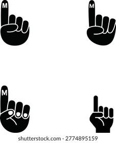 Black foam finger hand gesture with letter M on index finger pointing