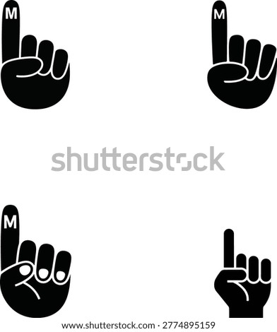 Black foam finger hand gesture with letter M on index finger pointing