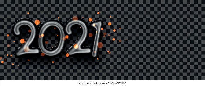 Black foil 2021 balloon sign on transparent background. Space for text. Vector holiday illustration.