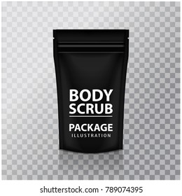 Black Foil Body Scrub Pack Pouch Sachet Bag Packaging with Zipper. Vector Isolated Mock up temlate for your design