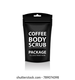 Black Foil Coffee Doy Pack Pouch Sachet Bag Packaging with Zipper. Vector Isolated Mock up temlate for your design