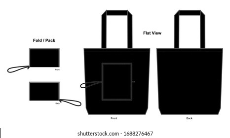 Black foldable tote bag with zipper template on white background.
Front and back view, vector file