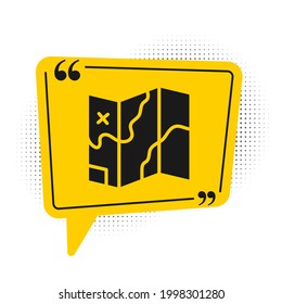 Black Folded map icon isolated on white background. Yellow speech bubble symbol. Vector