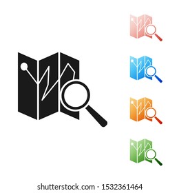 Black Folded map with location marker icon isolated on white background. Set icons colorful. Vector Illustration