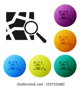 Black Folded map with location marker icon isolated on white background. Set icons colorful circle buttons. Vector Illustration
