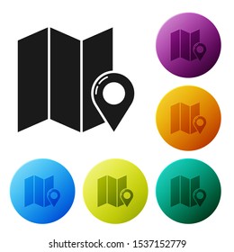 Black Folded map with location marker icon isolated on white background. Set icons colorful circle buttons. Vector Illustration
