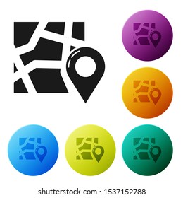 Black Folded map with location marker icon isolated on white background. Set icons colorful circle buttons. Vector Illustration