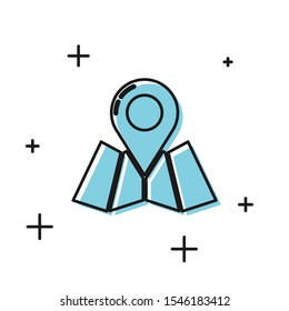 Black Folded map with location marker icon isolated on white background.  Vector Illustration
