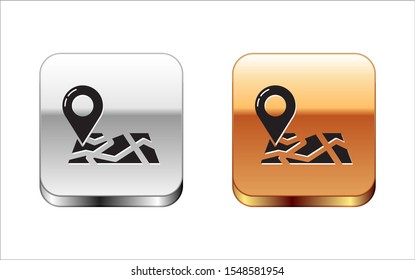 Black Folded map with location marker icon isolated on white background. Silver-gold square button. Vector Illustration