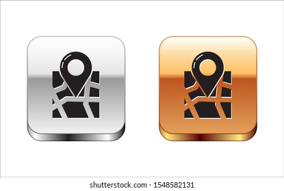 Black Folded map with location marker icon isolated on white background. Silver-gold square button. Vector Illustration