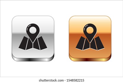 Black Folded map with location marker icon isolated on white background. Silver-gold square button. Vector Illustration