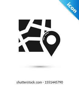 Black Folded map with location marker icon isolated on white background.  Vector Illustration