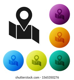 Black Folded map with location marker icon isolated on white background. Set icons colorful circle buttons. Vector Illustration