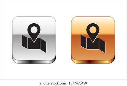 Black Folded map with location marker icon isolated on white background. Silver-gold square button. Vector Illustration