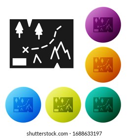 Black Folded map with location marker icon isolated on white background. Set icons in color circle buttons. Vector Illustration