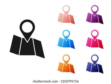 Black Folded map with location marker icon isolated on white background. Set icons colorful. Vector