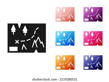 Black Folded map with location marker icon isolated on white background. Set icons colorful. Vector Illustration