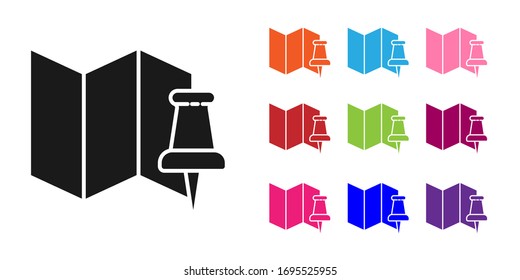 Black Folded map with push pin icon isolated on white background. Set icons colorful. Vector Illustration