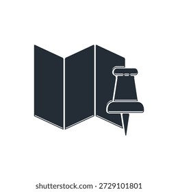 Mapa doblado negro con el icono del perno del empuje aislado en el fondo blanco.  Vector