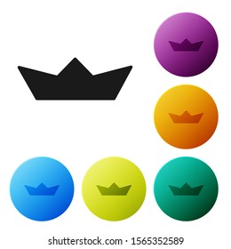 Black Folded paper boat icon isolated on white background. Origami paper ship. Set icons colorful circle buttons. Vector Illustration