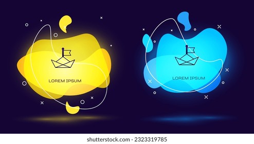 Black Folded paper boat icon isolated on black background. Origami paper ship. Abstract banner with liquid shapes. Vector