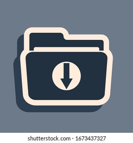 Black Folder download icon isolated on grey background. Long shadow style. Vector Illustration