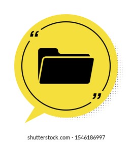 Black Folder icon isolated on white background. Yellow speech bubble symbol. Vector Illustration