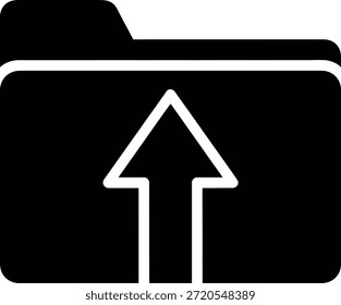 Um ícone de pasta preta com uma seta para cima simboliza a transferência de dados e o upload de arquivos