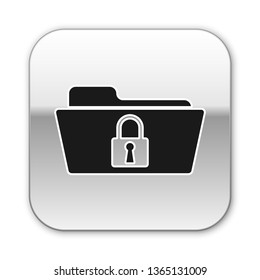 Black Folder and lock icon isolated on white background. Closed folder and padlock. Security, safety, protection concept. Silver square button. Vector Illustration