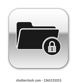 Black Folder and lock icon isolated on white background. Closed folder and padlock. Security, safety, protection concept. Silver square button. Vector Illustration