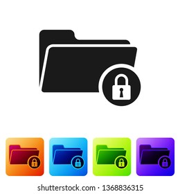Black Folder and lock icon isolated on white background. Closed folder and padlock. Security, safety, protection concept. Set icon in color square buttons. Vector Illustration